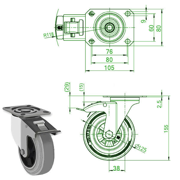 Beige 125mm Medium Duty Swivel, Fixed & Swivel Castors Grey Rubber Wheel 100kg Load Capacity