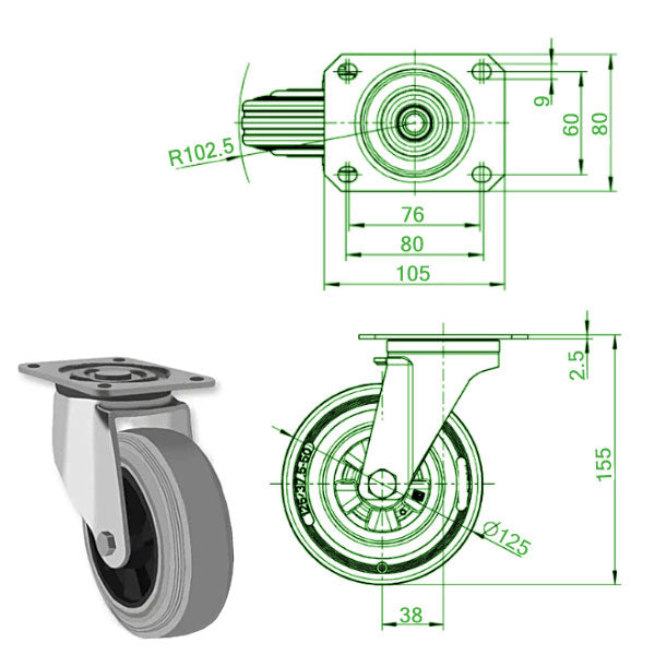 Light Gray 125mm Medium Duty Swivel, Fixed & Swivel Castors Grey Rubber Wheel 100kg Load Capacity