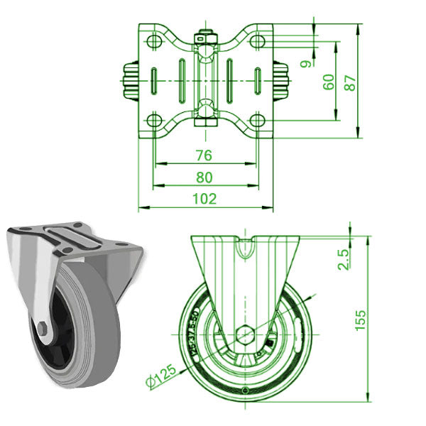 Light Gray 125mm Medium Duty Swivel, Fixed & Swivel Castors Grey Rubber Wheel 100kg Load Capacity