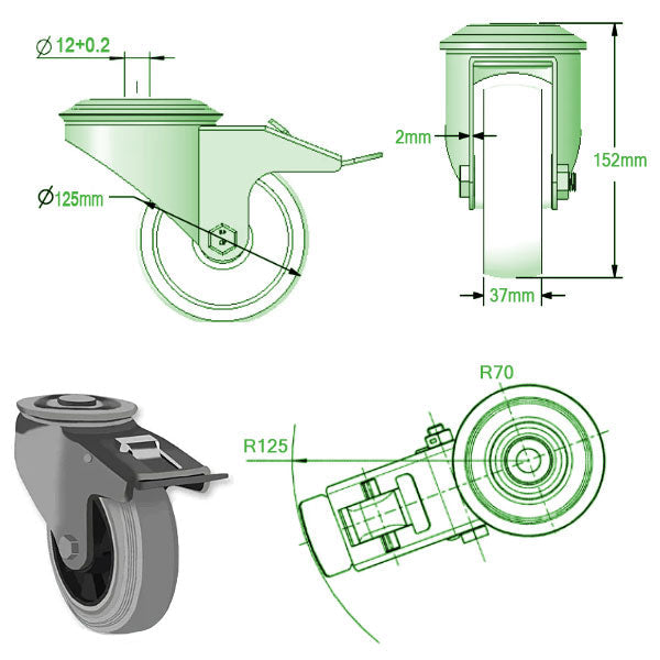 Light Gray 125mm Medium Duty Swivel & Braked Castors Grey Rubber Wheel 100kg Load Capacity