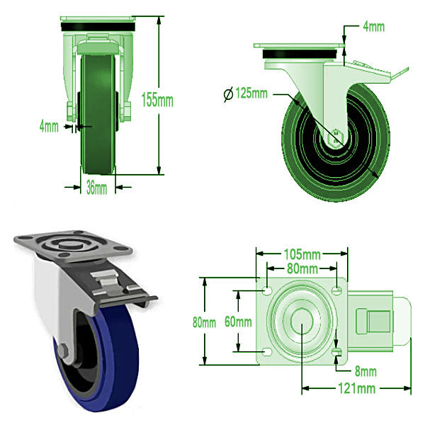 Dark Slate Gray 125mm Medium Duty Swivel, Fixed & Braked Casters Blue Elastic Non Marking Wheel 200Kg Load Capacity