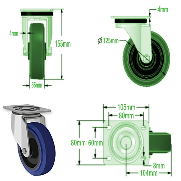 Dark Slate Gray 125mm Medium Duty Swivel, Fixed & Braked Casters Blue Elastic Non Marking Wheel 200Kg Load Capacity