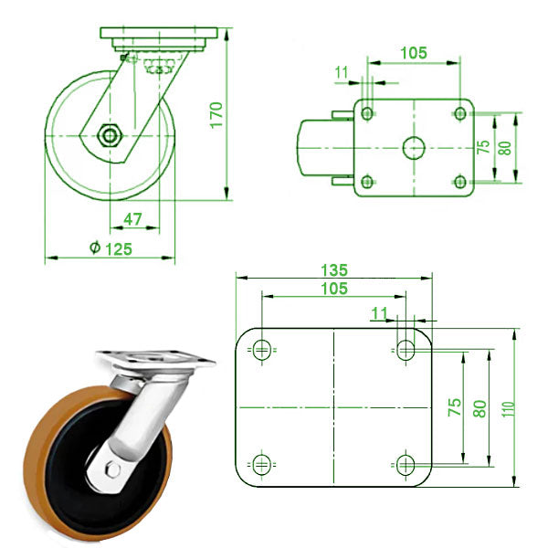 Dark Slate Gray 125mm Extra Heavy Duty Swivel, Fixed & Braked Castor Polyurethane / Cast Iron Wheel 550Kg Load Capacity