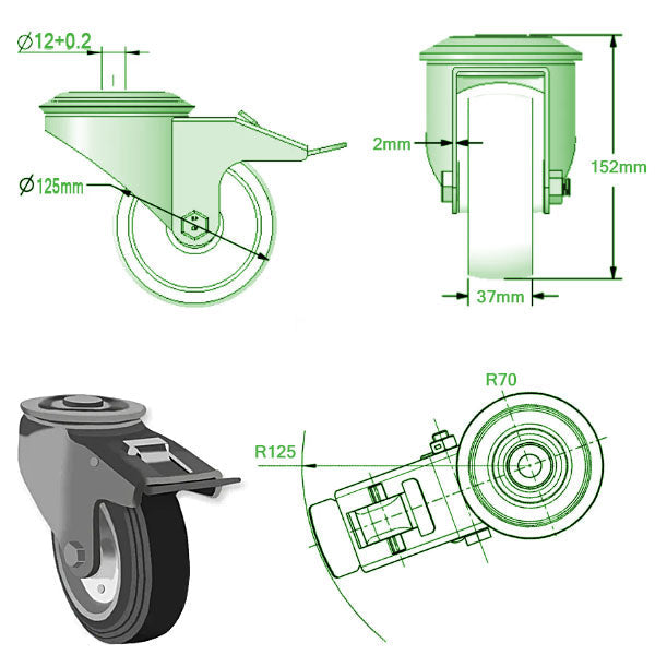 Light Gray 125mm Medium Duty Swivel & Total Stop Castor with Black Rubber/Steel Wheel and Single Bolt Hole Fixing 100Kg Load Capacity