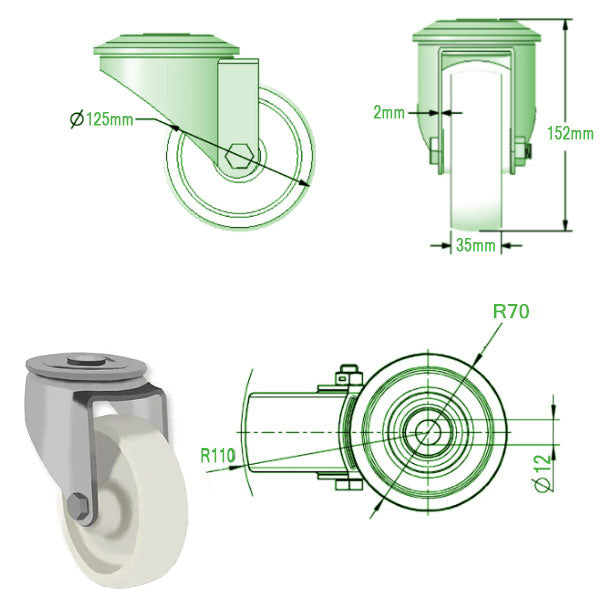 Light Gray 125mm Medium Duty Swivel & Braked Castor with White Nylon Wheel and single bolt hole fixing 180Kg Load Capacity