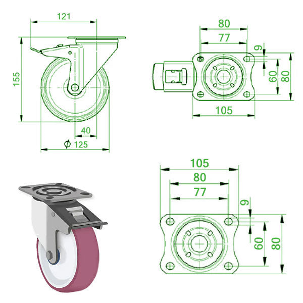 Beige 125mm Stainless Steel Swivel, Fixed & Braked Castor with Polyurethane Wheel 250kg Load Capacity