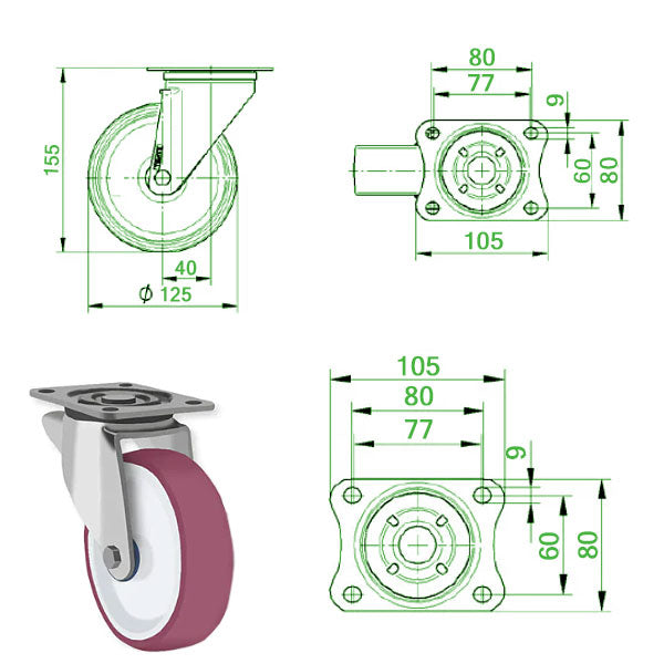 Beige 125mm Stainless Steel Swivel, Fixed & Braked Castor with Polyurethane Wheel 250kg Load Capacity