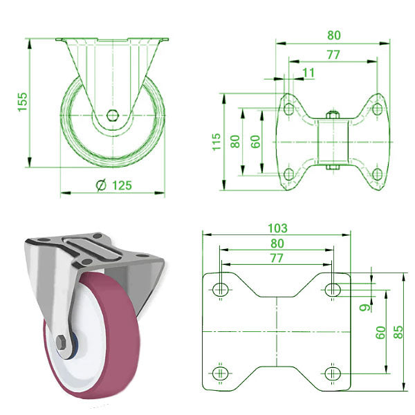 Beige 125mm Stainless Steel Swivel, Fixed & Braked Castor with Polyurethane Wheel 250kg Load Capacity