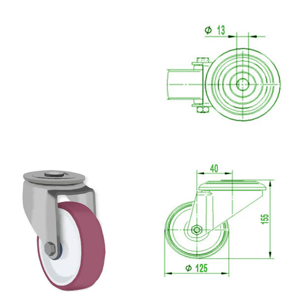 Light Gray 125mm Stainless Steel Swivel & Braked Bolt Hole Castor with Polyurethane Wheel 150kg Load Capacity