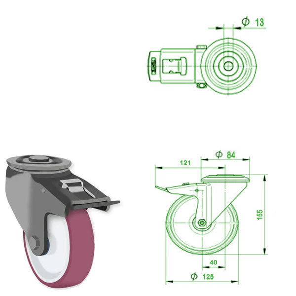 Light Gray 125mm Stainless Steel Swivel & Braked Bolt Hole Castor with Polyurethane Wheel 150kg Load Capacity