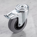 125mm braked swivel castor with grey rubber on polypropylene wheel, top view of the 12mm bolt hole and foot brake