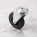 125mm swivel castor with black rubber on polypropylene wheel, top view of the 12mm bolt hole