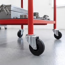 125mm black rubber bolt hole castors on a red steel workshop trolley with a toolbox
