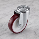 125mm swivel castor with red polyurethane wheel, top view of the 12mm bolt hole