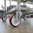 125mm swivel bolt hole castor with red polyurethane on nylon wheel and roller bearing, 200kg load capacity