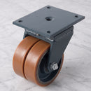 125mm Twin Wheel Swivel Gantry Castor Brown Polyurethane on Cast Iron Wheel Top Plate 800kg Load Capacity 2