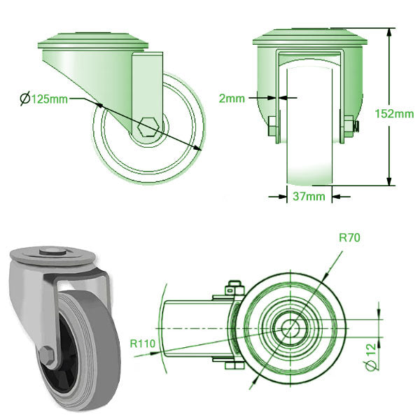 Light Gray 125mm Medium Duty Swivel & Braked Castors Grey Rubber Wheel 100kg Load Capacity