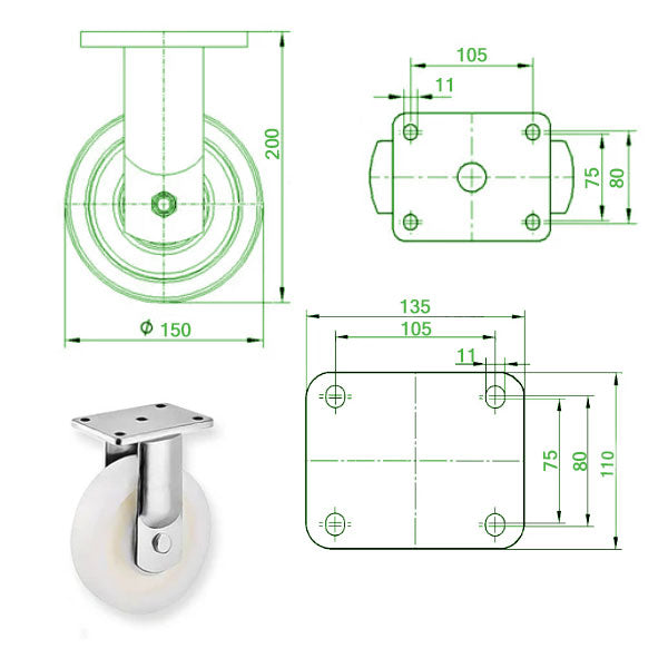 Beige 150mm Extra Heavy Duty Swivel, Fixed & Total Stop Braked Castor With Cast Nylon Wheel & Ball Bearing 800Kg Load Capacity