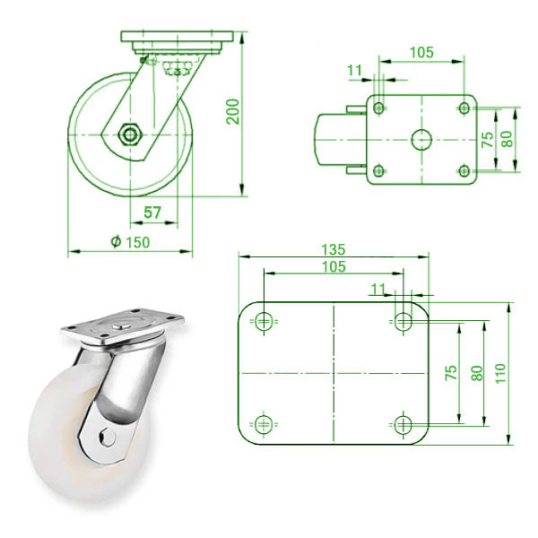 Beige 150mm Extra Heavy Duty Swivel, Fixed & Total Stop Braked Castor With Cast Nylon Wheel & Ball Bearing 800Kg Load Capacity