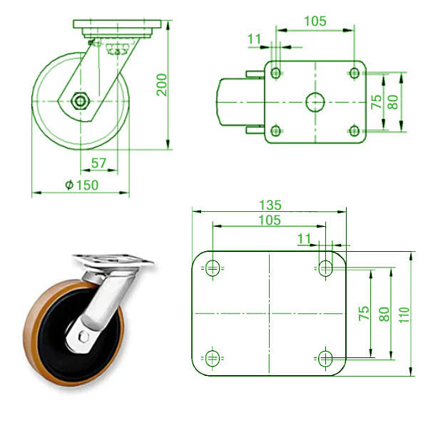 Dark Slate Gray 150mm Extra Heavy Duty Swivel, Fixed & Braked Castor With Polyurethane / Cast Iron Wheel