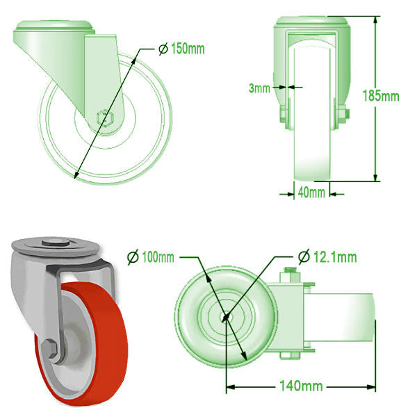 Light Gray 150mm Swivel & Braked Castors with Polyurethane Tyred Wheel Nylon Centre & Roller Bearing, Single Bolt Fixing 350Kg Load Capacity