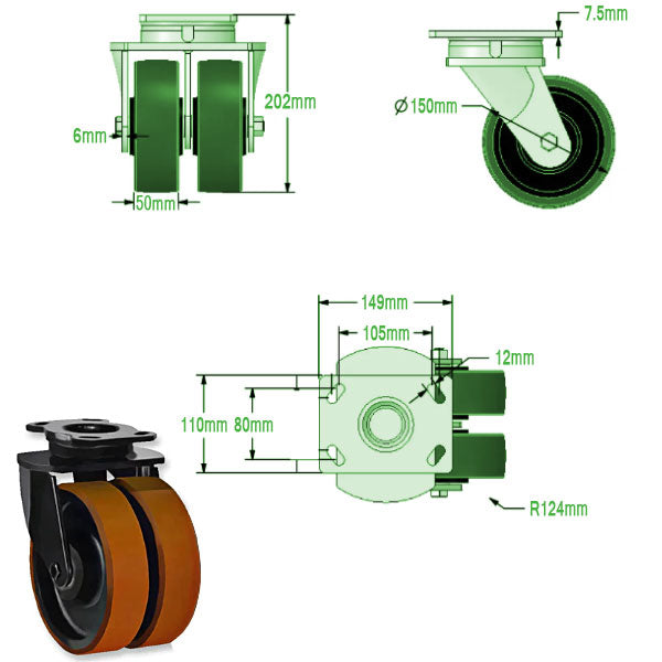 Dark Slate Gray 150mm Extra Heavy Duty Twin Polyurethane/Cast Iron Wheel Castor 1500kg Load Capacity