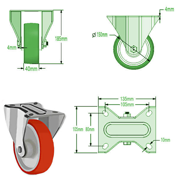 Light Gray 150mm Swivel, Fixed & Braked Castors with Polyurethane Tyred Wheel & Roller Bearing 350Kg Load Capacity