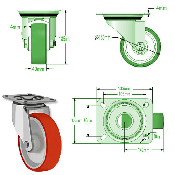 Light Gray 150mm Swivel, Fixed & Braked Castors with Polyurethane Tyred Wheel & Roller Bearing 350Kg Load Capacity