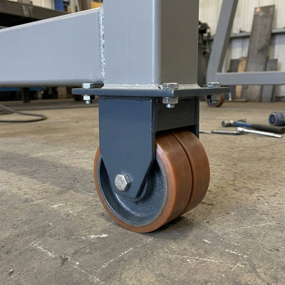 150mm Twin Wheel Fixed Gantry Castor Orange Polyurethane on Cast Iron Wheel Ball Bearing 200 x 160mm Top Plate 1400kg Load Capacity