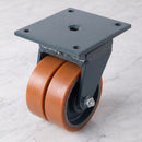 150mm Twin Wheel Swivel Gantry Castor Orange Polyurethane on Cast Iron Wheel Ball Bearing 200 x 160mm Top Plate 1400kg Load Capacity 2