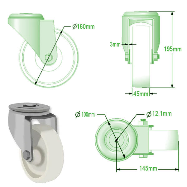 Light Gray 160mm Swivel & Braked Castors with White Nylon Wheel with Roller Bearing Single Bolt Fixing 350Kg Load Capacity