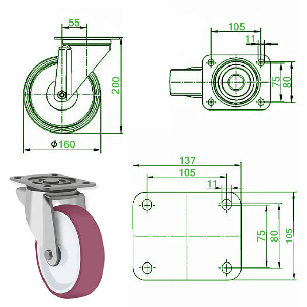 Dark Slate Gray 160mm Stainless Steel Swivel, Fixed & Braked Castor with Polyurethane Wheel 350kg Load Capacity