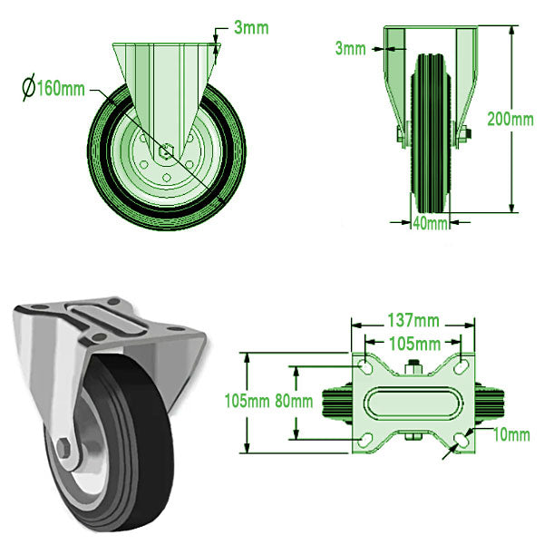 Light Gray 160mm Swivel, Fixed & Braked Castors with Black Rubber Tyred Wheel Steel center 135Kg Load Capacity