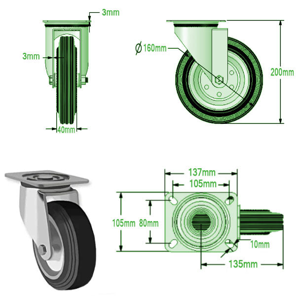 Light Gray 160mm Swivel, Fixed & Braked Castors with Black Rubber Tyred Wheel Steel center 135Kg Load Capacity