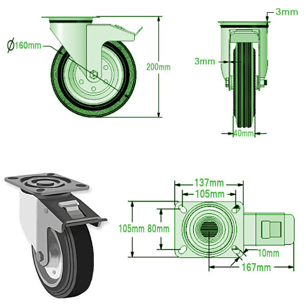 Light Gray 160mm Swivel, Fixed & Braked Castors with Black Rubber Tyred Wheel Steel center 135Kg Load Capacity