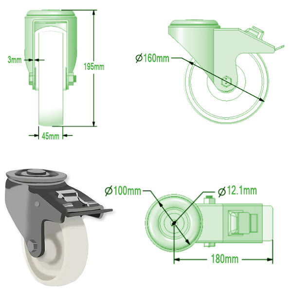 Light Gray 160mm Swivel & Braked Castors with White Nylon Wheel with Roller Bearing Single Bolt Fixing 350Kg Load Capacity