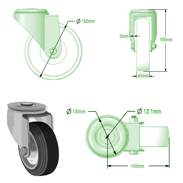 Light Gray 160mm Swivel & Braked Castors with Black Rubber Tyred Wheel Steel Centre, Single Bolt Fixing 135kg Load Capacity