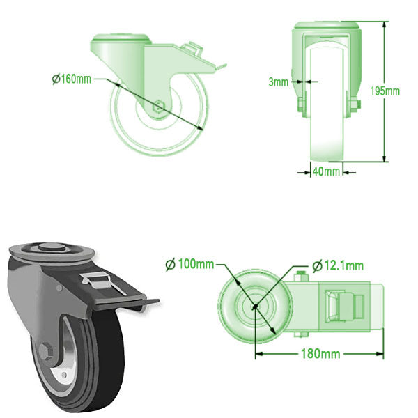 Light Gray 160mm Swivel & Braked Castors with Black Rubber Tyred Wheel Steel Centre, Single Bolt Fixing 135kg Load Capacity