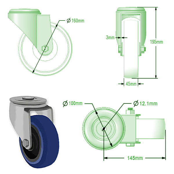 Light Gray 160mm Swivel & Braked Castors with Elastic Rubber Tyred Wheel Nylon Centre & Roller Bearing 350kg Load Capacity