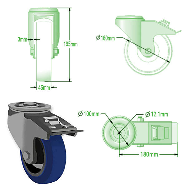 Light Gray 160mm Swivel & Braked Castors with Elastic Rubber Tyred Wheel Nylon Centre & Roller Bearing 350kg Load Capacity