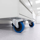 160mm braked top plate castor with blue non-marking rubber wheel on a hospital equipment trolley