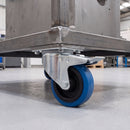 160mm blue rubber braked swivel castor bolted under a heavy duty industrial cart