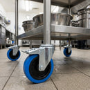 160mm braked swivel castor with blue non-marking rubber wheel and 12mm bolt hole, 200kg load capacity