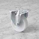 160mm fixed castor white nylon wheel with roller bearing and zinc plated top plate, 350kg load capacity