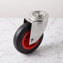 160mm swivel castor with black rubber on red polypropylene wheel, top view of the 12mm bolt hole
