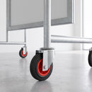 160mm black rubber bolt hole castors on a galvanised steel mobile display stand