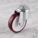 160mm swivel castor with red polyurethane wheel, top view of the 12mm bolt hole