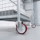 160mm red polyurethane swivel castors on a galvanised steel mesh factory cart