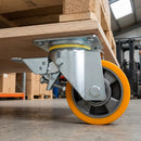 200mm Braked Castor Yellow Polyurethane on Aluminium 800kg Load Capacity