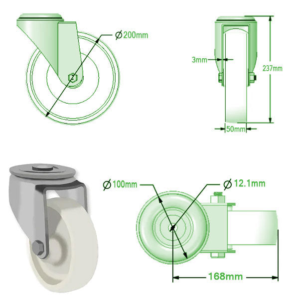 Light Gray 200mm Swivel, Braked Castors with White Nylon Wheel with Roller Bearing 350kg Load Capacity